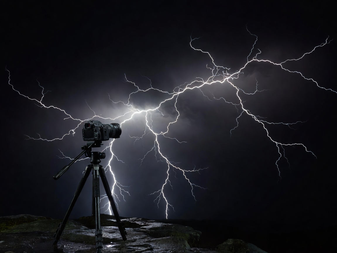 Camera on a tripod capturing a massive lightning strike across a dark sky