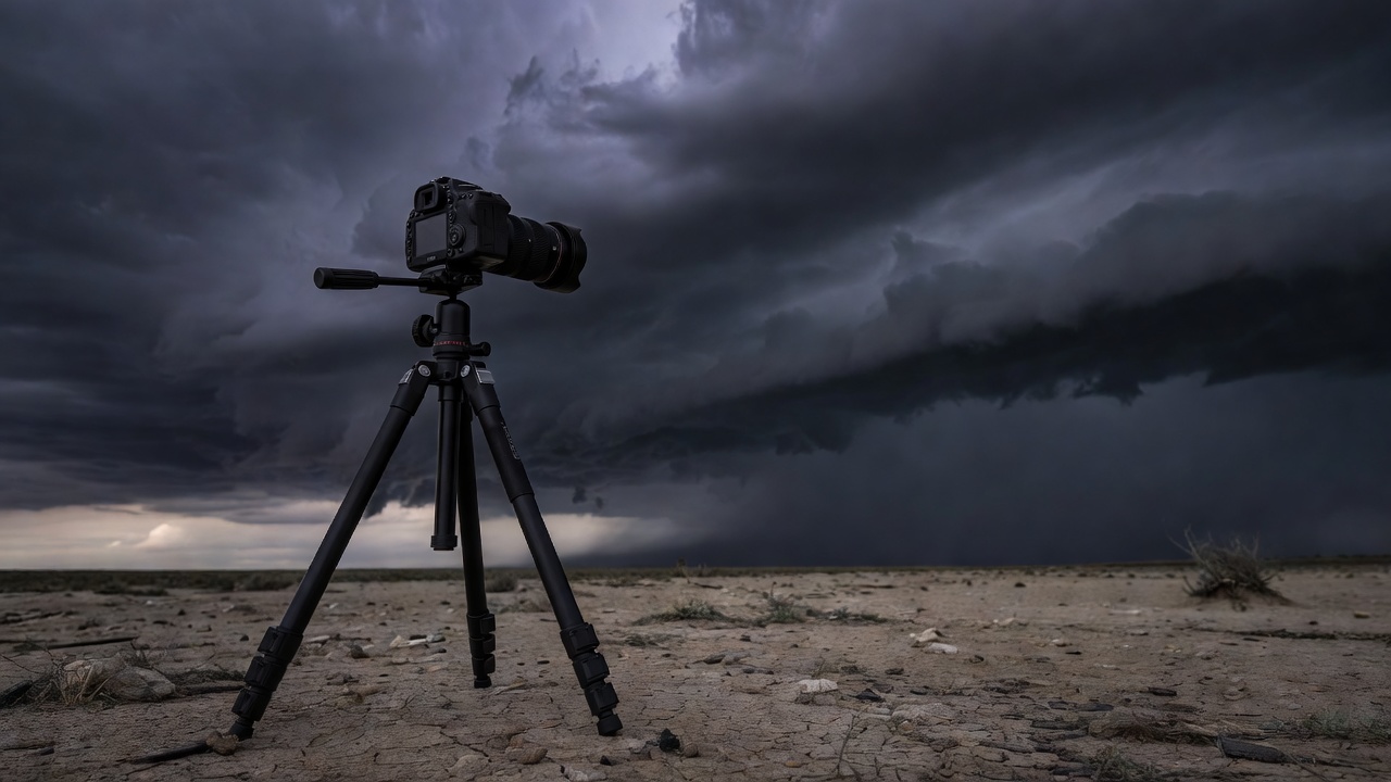 Camera with a wide-angle lens set up on a heavy duty tripod under dark clouds