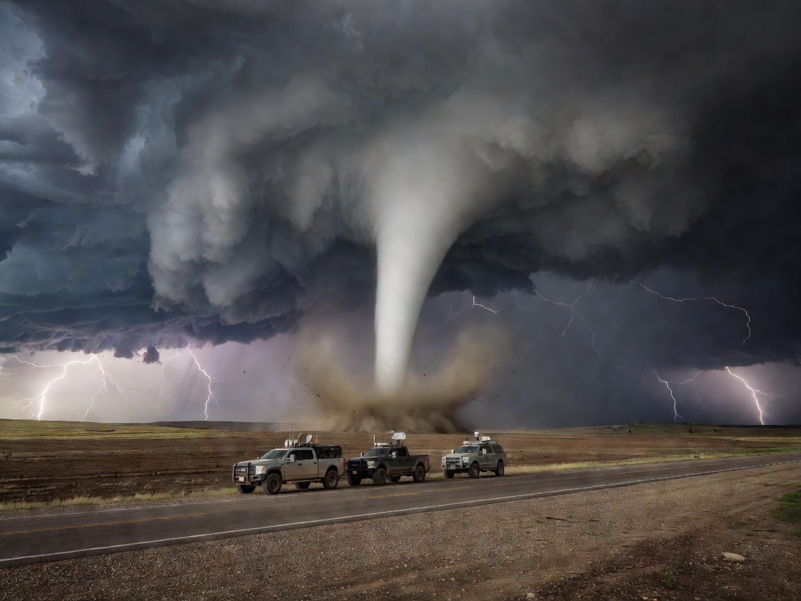 Chaser vehicles parked safely at a distance from a developing tornado