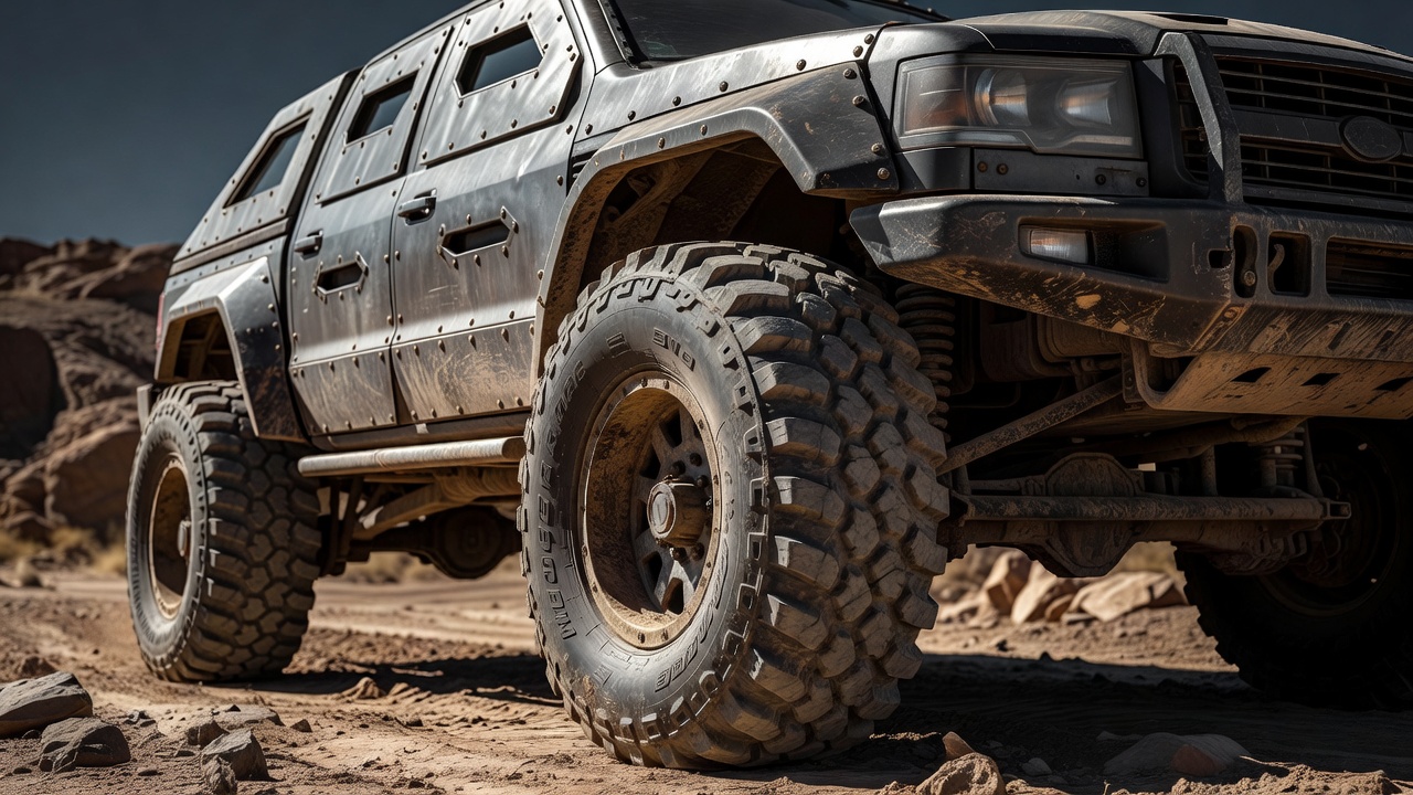 Close up of a modified heavy duty truck showing specialized off-road tires and protective window plating