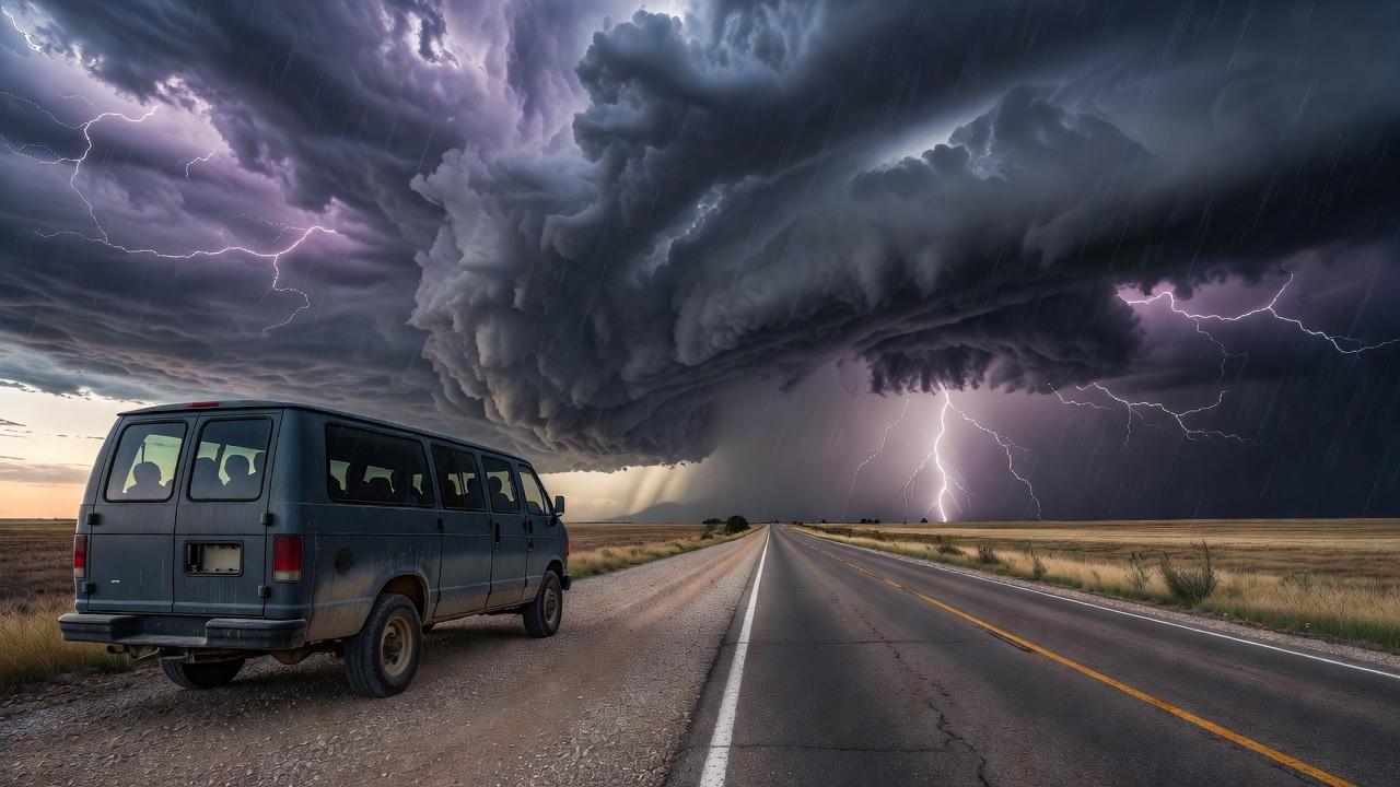 Custom multi-passenger tour van parked alongside a rural highway viewing a distant storm