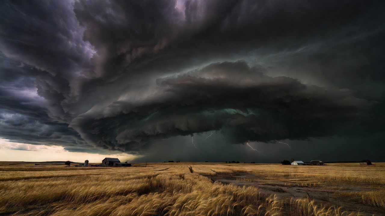 Dark, ominous supercell cloud forming over a vast rural landscape