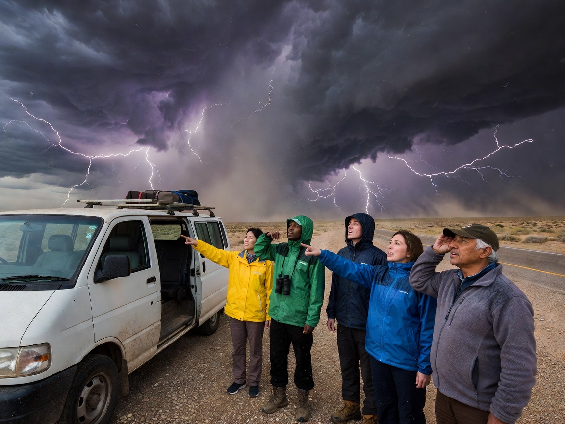 Group of tourists standing beside a van looking at a distant thunderstorm