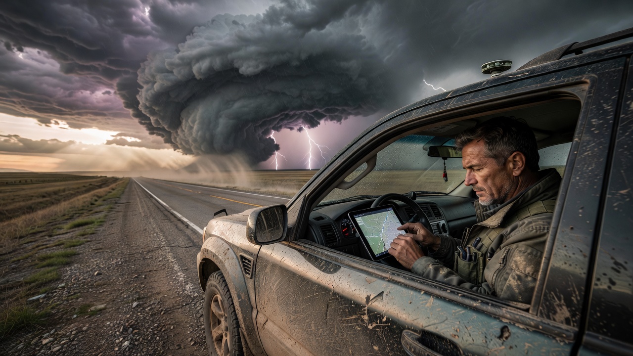 Storm chaser looking at a map on a tablet while parked off a rural highway