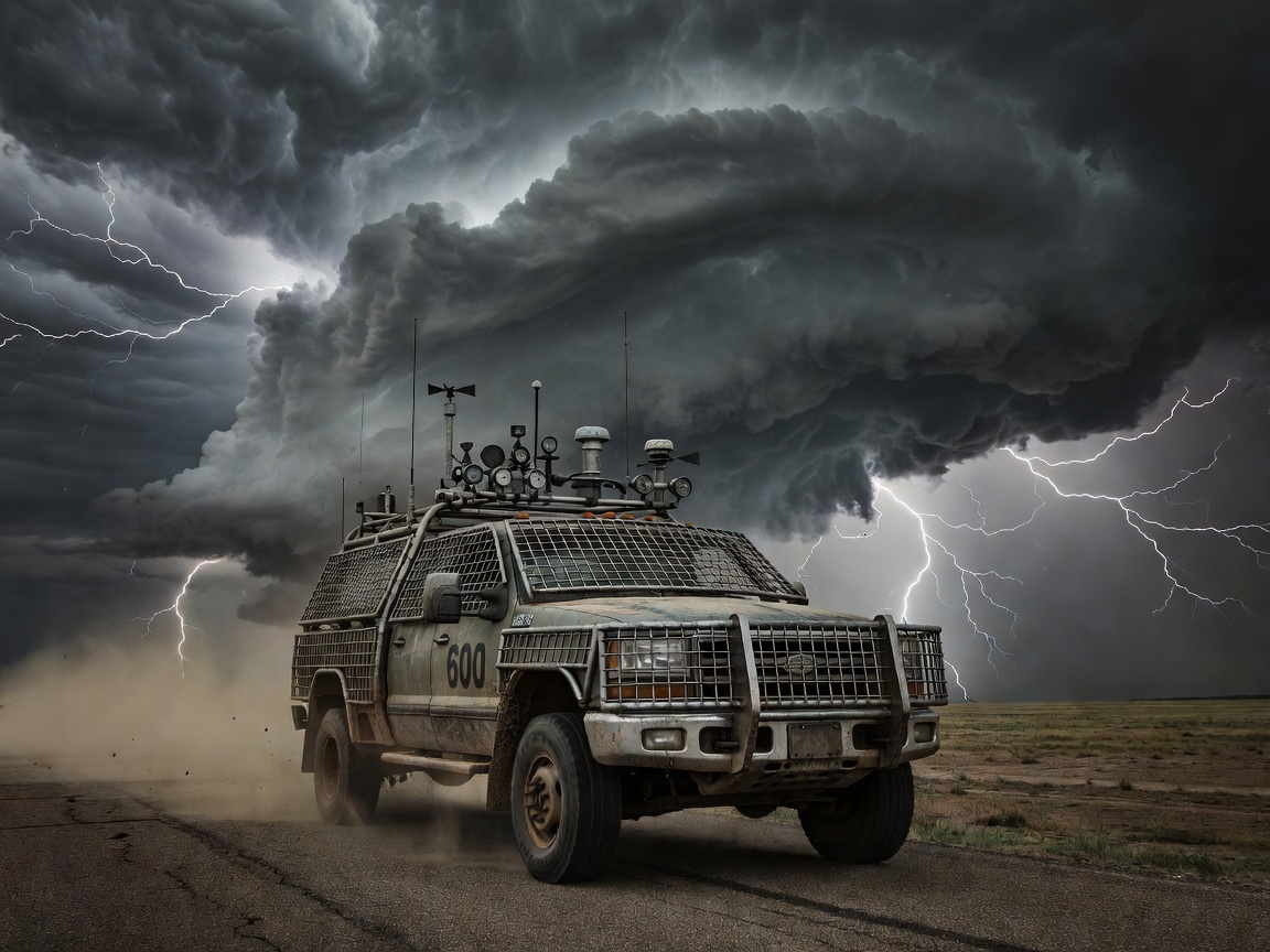 Storm chasing truck equipped with hail guards and meteorological instruments