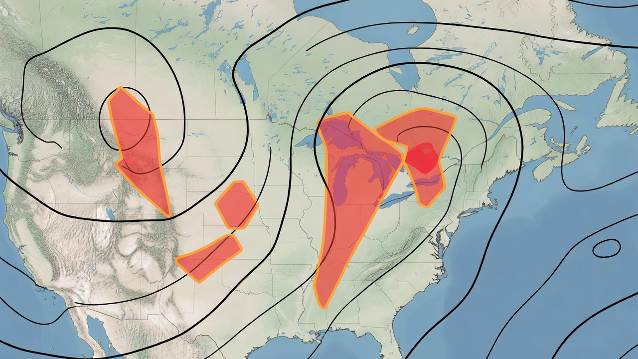 Weather map showing atmospheric pressure lines and severe storm warning polygons